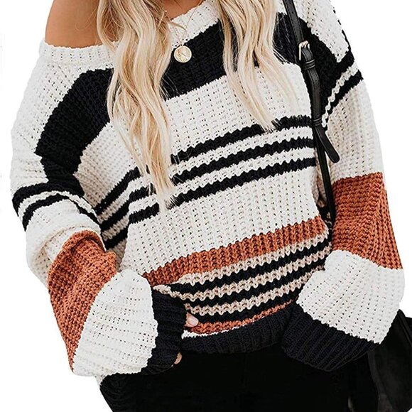 Sweaters - Elegant Women's Long Sleeve Crew Neck Color Block Pullover Sweater - Warm & Cozy